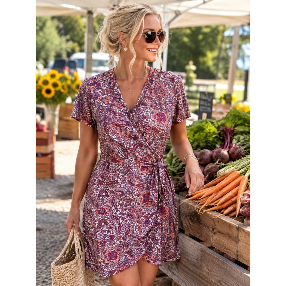 Bobbie Brooks Faux Wrap Dress Large Red Rust Paisley Stretchy Asymmetrical Hem